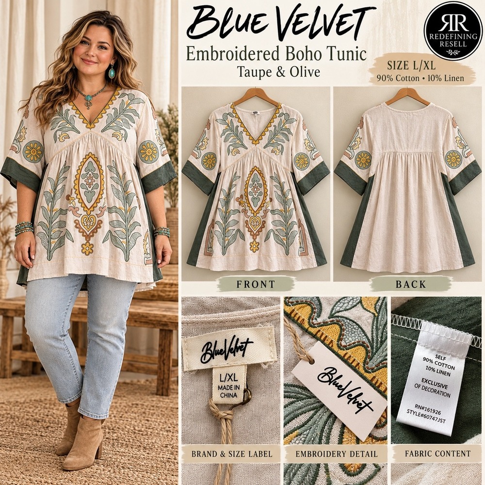 Blue Velvet Embroidered Boho Tunic Top Taupe Olive Cotton Linen L/XL 60747JST
